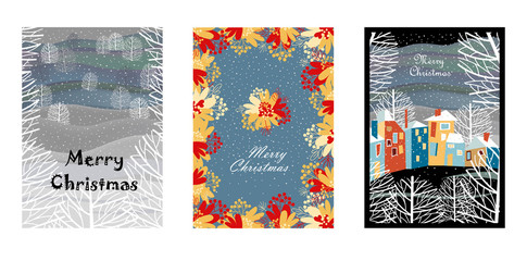set of vector Christmas cards. Christmas landscape. village in winter. floral ornament
