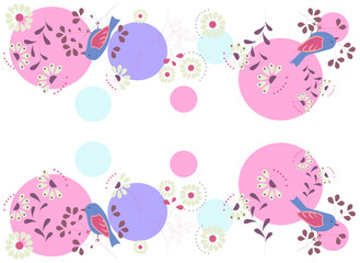 abstract simple background with flowers and birds and color circles, vector illustration