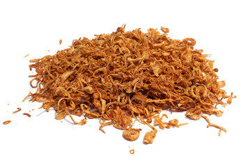 Fried onions or crispy fried onion flakes isolated on white background, Indian spice mix.