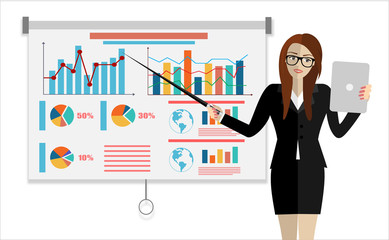 Training staff, business presentation, meeting, financial report, business school. Flat illustration. Modern flat design for websites, web banner, infographics, printed materials. Vector illustration