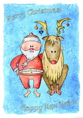 Hand Drawn Funny Santa Claus and Reindeer Christmas Card on Blue Watercolor Background