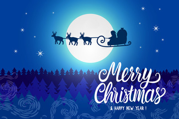 Santa Claus silhouette seen in the moonlight on flying sleigh with deers. Night northern winter forest. Santa delivers Christmas presents. Vector illustration card