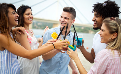 Multiracial group of friends enjoying a day at beach.