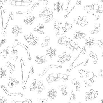 Seamless pattern with winter objects on a white background. Vector illustration with skates, circles and mittens for decoration of wrapping paper, tiles and wallpaper on the wall.