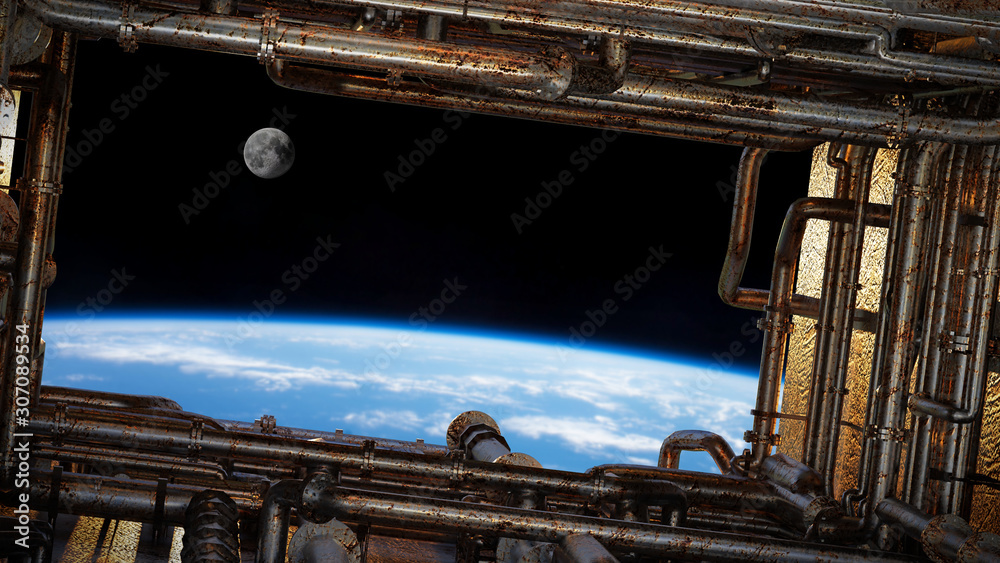 Wall mural view on planet earth through a spaceship window