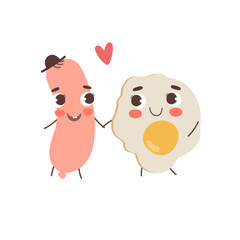 Cartoon smiling egg sausage with cute faces. Vector
