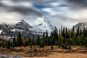 Mount Assiniboine with cloud flowing through in autumn forest at provincial park