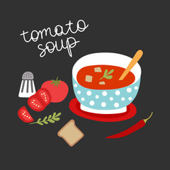 Vector illustration with bowl of tomato soup, a slice of bread, tomatoes and chili.