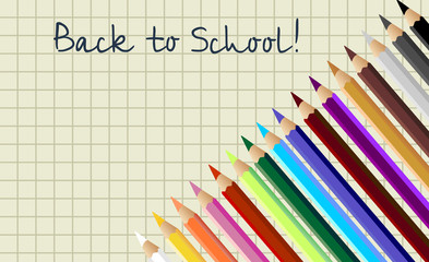 Obraz premium Back To School Poster Colorful Crayons Pencils On Squared Notebook Background Flat Vector Illustration T