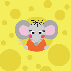 Rat or mouse looking from the hole in the cheese. Symbol of the new year 2020. Cartoon style digital drawing, vector