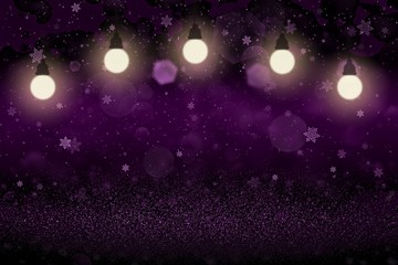 Fototapeta na wymiar pink cute bright glitter lights defocused bokeh abstract background with light bulbs and falling snow flakes fly, festal mockup texture with blank space for your content