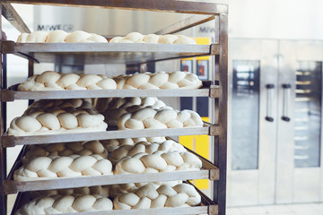 Fresh bread on trays before baking in the oven at the bakery