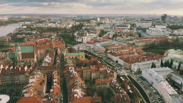 Aerial shot of Warsaw Old Town and Podwale Street, Poland