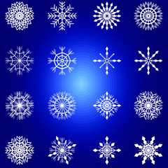 Set of 16 different white snowflakes on the blue background