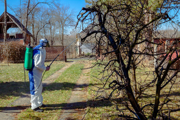 Gardener wearing protective overall sprinkles fruit trees with long sprayer in the orchard