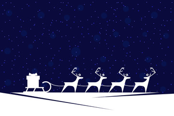 Obraz na płótnie Canvas Santa Claus reindeer harness with gift box on sleigh inversion on blue background. Merry Christmas and Happy New Year greeting card. Xmas deer and sled silhouette vector Illustration