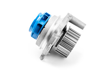 New metal automobile pump for cooling an engine water pump on a white background. The concept of new spare parts for the car engine