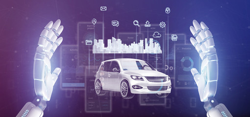 Cyborg hand holding Dashboard smartcar interface with multimedia icon and city map on a background 3d rendering
