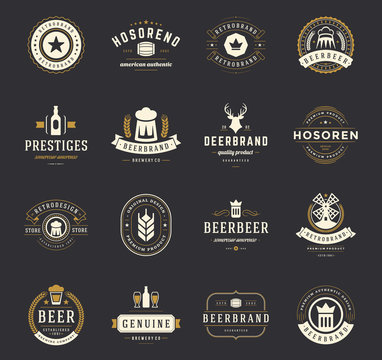 Set beer logos badges and labels vintage style vector illustration