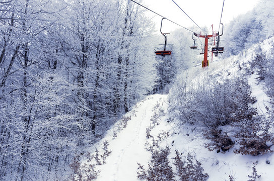 Stunning view from the lift of the famous ski center 3-5 Pigadia of the beautiful snowy mountain Vermio.