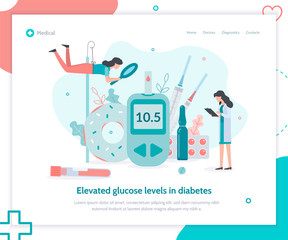 Elevated glucose level and therapy with injections of insulin. Medicine diabetes concept. Flat vector illustration.