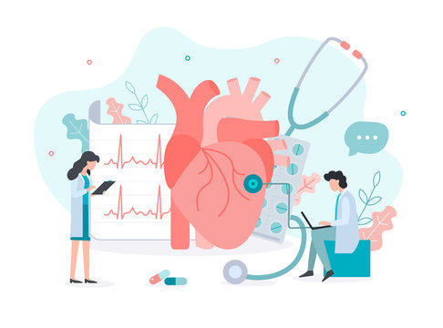 The doctor is doing an electrocardiogram. Medicine heart health concept with tiny people. Flat vector illustration.