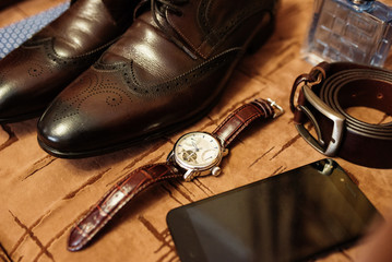 Elegant  men's wedding shoes at groom morning.