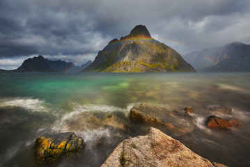 Lofoten Island in Norway, stunning landscape with rainbow