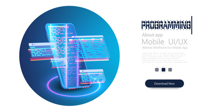 Programming web banner. Creation digital Software mobile, desktop platforms. Computer code on phone. Concept banner Best programming languages. Technology process of Software development. Vector