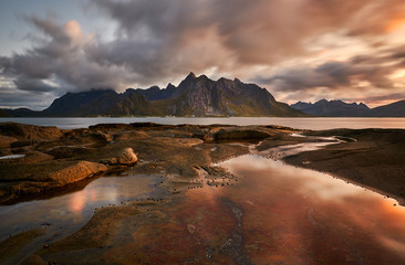  Scenic view of a rocky shore with mountains and fjords at Lofoten islands 