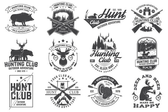 Set of Hunting club badge. Vector Concept for shirt, print, stamp. Vintage typography design with hunting gun, boar, hunter, bear, deer, mountains and forest. Outdoor adventure hunt club emblem