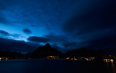 Climatic night landscape in Reine, Lofoten Islands, Norway, blue hour