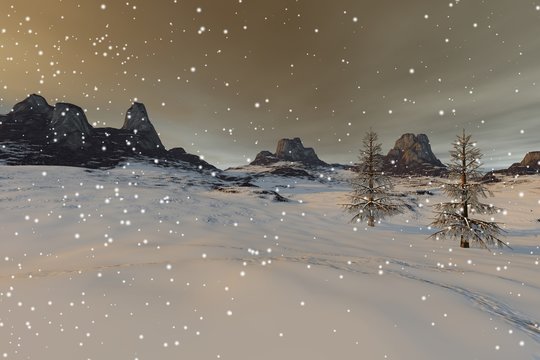 Snowfall in the mountain, a winter landscape, snow on the ground, rocks on the peak and two coniferous trees on the right.