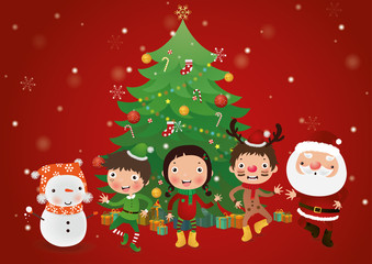 PrintMerry Christmas, Santa Claus, Reindeer, Elf , snowman and kids,  Vector illustration