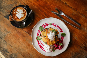 Stack of vegan pancakes and coffee