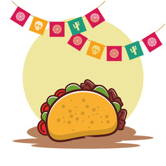 delicious taco mexican food with party garlands