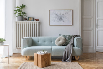 Stylish scandinavian living room interior with design mint sofa, furnitures, mock up poster map, plants, and elegant personal accessories. Home decor. Interior design. Template. Ready to use.  - Powered by Adobe