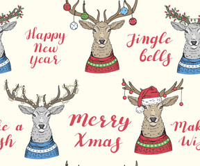 Seamless pattern with Christmas deers and greetings