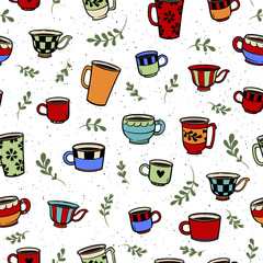 Cute mugs seamless colorful pattern on white background. Hand drawn cups stock vector illustration. Doodle vector mugs pattern.