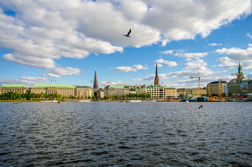 Panoramic view over inner lake Alster in shopping center, downtown in Hamburg, Germany, summer