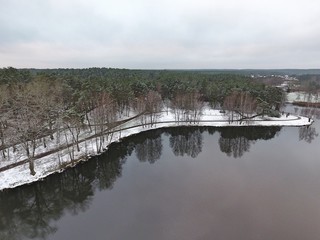Winter forest. Drone footage.