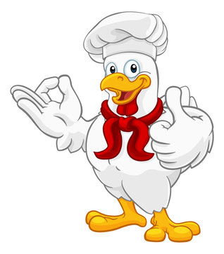 A chef chicken rooster cockerel cartoon character mascot doing a chefs okay perfect hand sign and thumbs up
