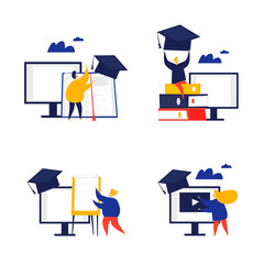 Online education, courses, self-education, self-development. Flat style vector illustration.