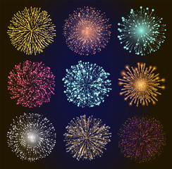 Collection of bright fireworks. Set of pyrotechnics for celebration of holidays and parties. Decor for cards designs and web. Festivals and carnivals effects at night sky. Vector in flat style