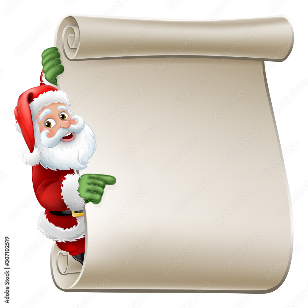 Poster Santa Claus Christmas cartoon character peeking around a scroll sign and pointing at it