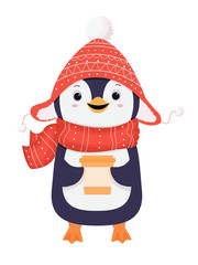 Cute penguin in red scarf and hat . Penguin with paper cup.Christmas character.Cartoon illustration.