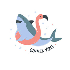 Funny cartoon shark in a flat style.