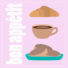 card with coffee and breakfast on a pink background