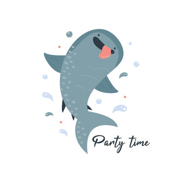 Cute smiling whale shark in childish style.