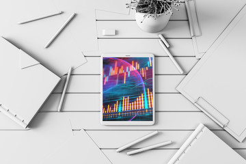 Digital tablet closeup top view with financial graph and partial world map on screen. Online international trading application concept. 3d rendering.